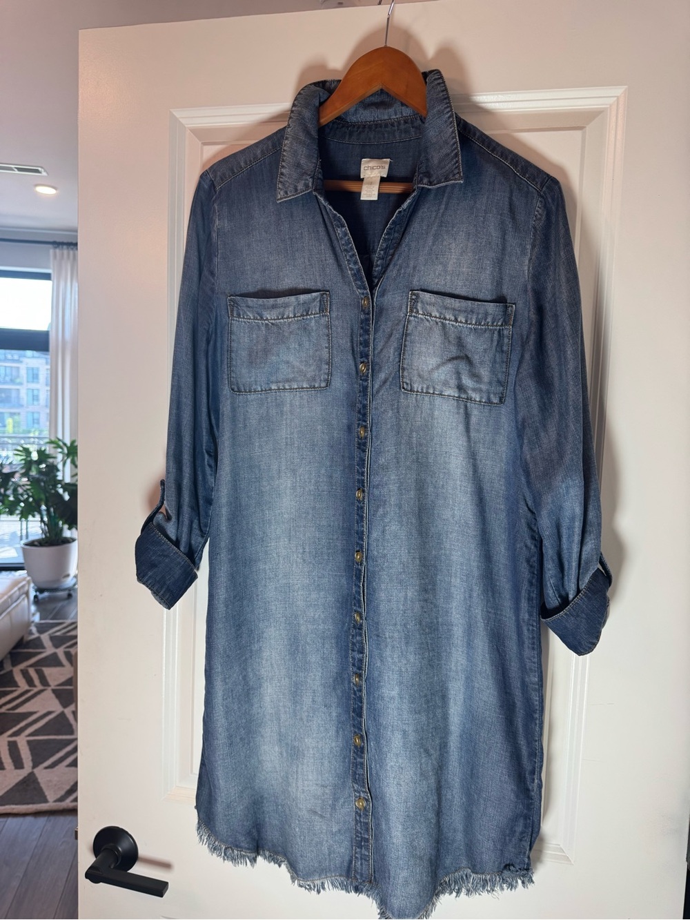 Chico's Fringe Hem Tencel Shirt Dress Medium